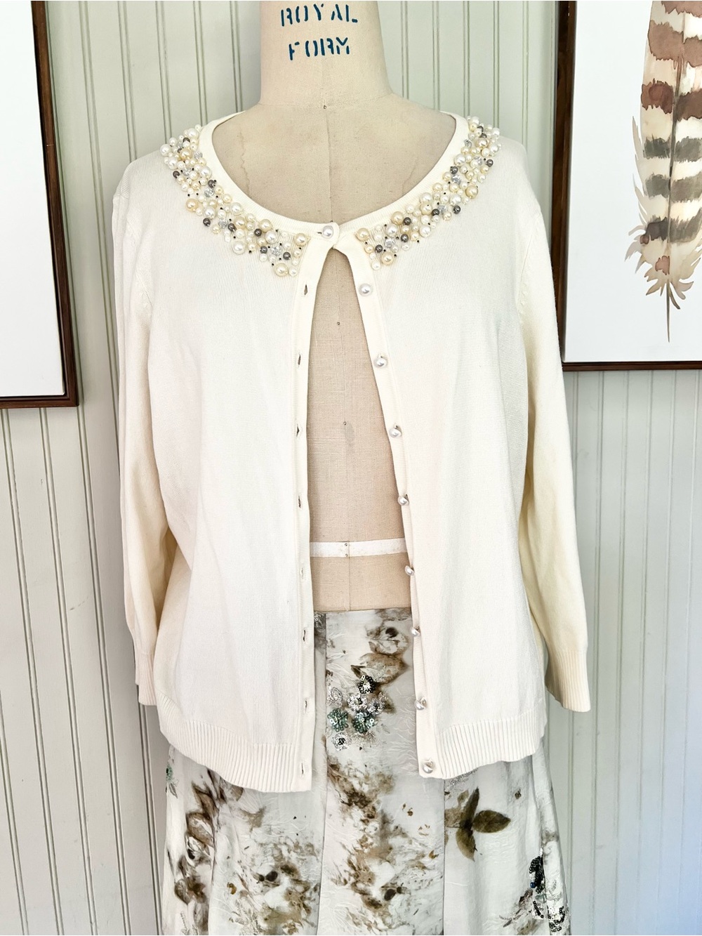 Sweaterworks Cream Embellished Pearl Rhinestone Cluster Button Up Cardigan